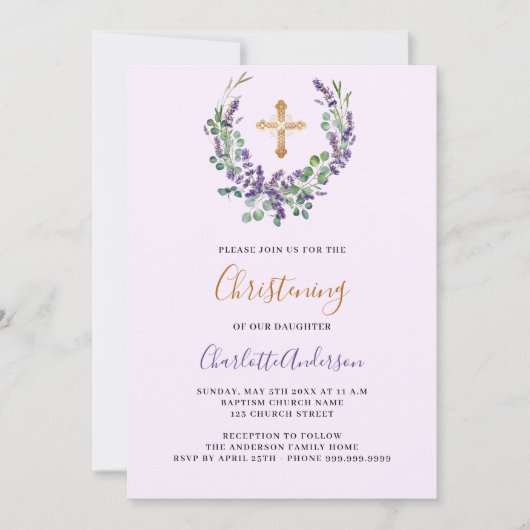 Lavendel violet bloemenmeisje gouden kruis doopsel kaart (Voorkant)