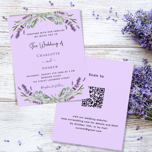 Lavendel violet QR code budget bruiloft uitnodigin Flyer