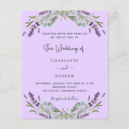 Lavendel violet QR code budget bruiloft uitnodigin Flyer (Voorkant)