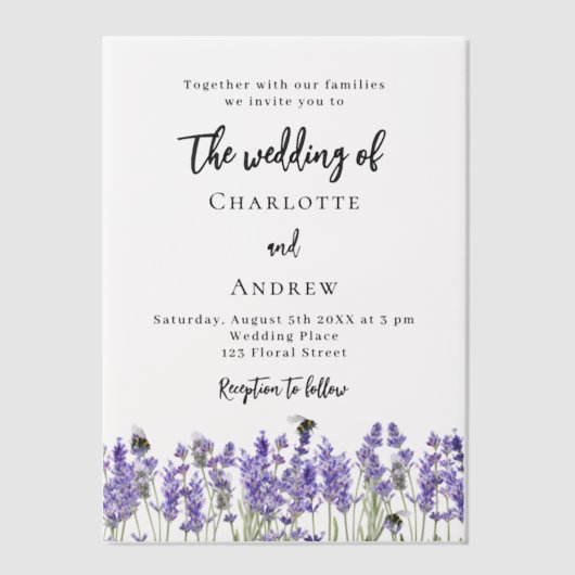 Lavendel violette bloemen bijen bruiloft vellum uitnodigingen (Voorkant)