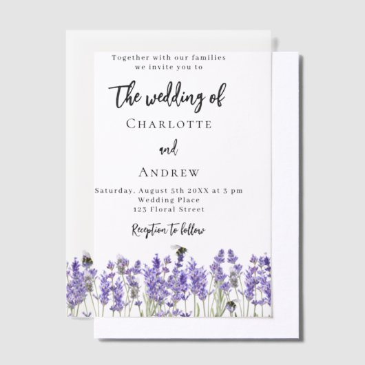 Lavendel violette bloemen bijen bruiloft vellum uitnodigingen (Offset)