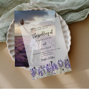 Lavendel violette bloemen bijen bruiloft vellum uitnodigingen