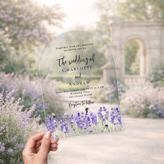 Lavendel violette bloemen boog duidelijke bruiloft acryl uitnodigingen