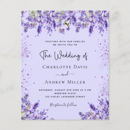 Lavendel violette bloemen budget bruiloft uitnodig (Voorkant)