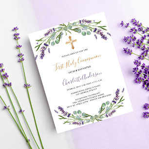 Lavendel violette bloemen Eerste Communie Uitnodiging Briefkaart