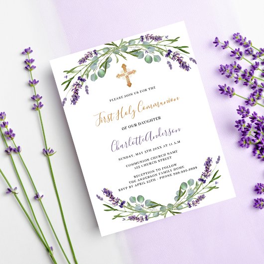 Lavendel violette bloemen Eerste Communie Uitnodiging Briefkaart