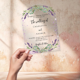 Lavendel violette bloemen eucalyptus boog bruiloft acryl uitnodigingen