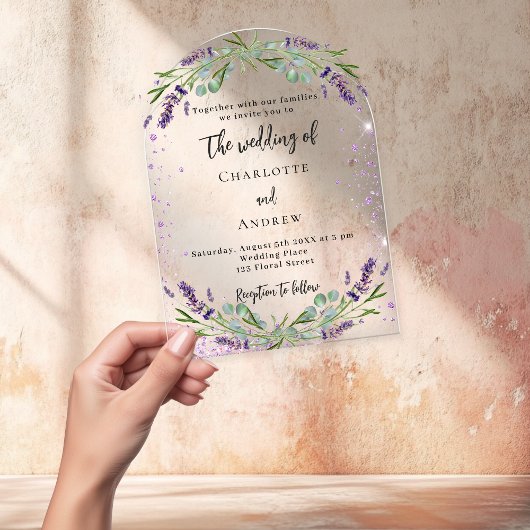 Lavendel violette bloemen eucalyptus boog bruiloft acryl uitnodigingen