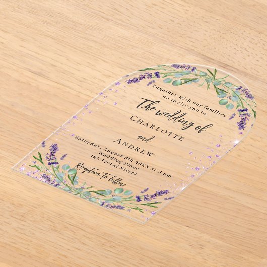 Lavendel violette bloemen eucalyptus boog bruiloft acryl uitnodigingen (Laagn)