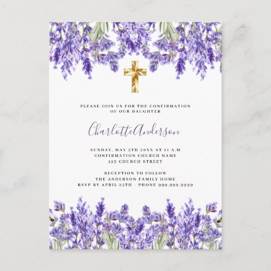 Lavendel violette bloemen gouden kruis Bevestiging Uitnodiging Briefkaart (Voorkant)