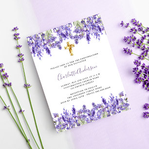 Lavendel violette bloemen gouden kruis Bevestiging Uitnodiging Briefkaart