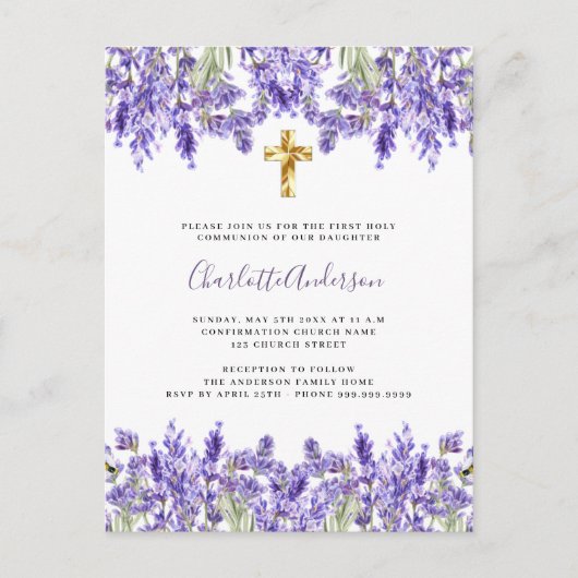 Lavendel violette bloemen gouden kruis Eerste Comm Uitnodiging Briefkaart (Voorkant)