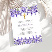 Lavendel violette bloemen gouden kruis Eerste Comm Uitnodiging Briefkaart