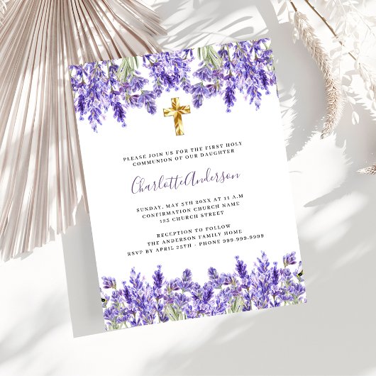 Lavendel violette bloemen gouden kruis Eerste Comm Uitnodiging Briefkaart