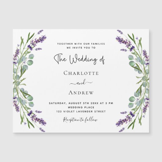 Lavendel violette bloemen groen luxe bruiloft magnetische uitnodiging (Voorkant)
