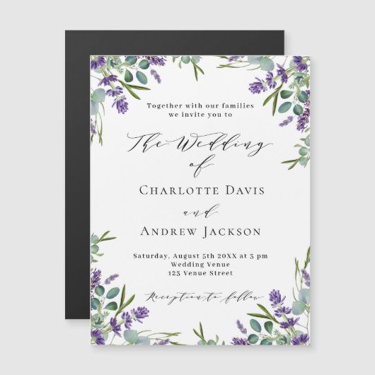 Lavendel violette bloemen groen luxe bruiloft magnetische uitnodiging (Voorkant / Achterkant)