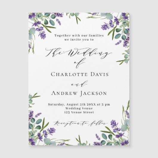 Lavendel violette bloemen groen luxe bruiloft magnetische uitnodiging (Voorkant)