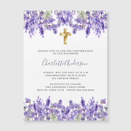 Lavendel violette bloemen kruis luxe Bevestiging Magnetische Uitnodiging (Voorkant)