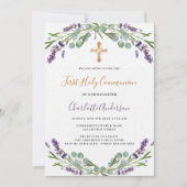 Lavendel violette bloemen luxe eerste communie kaart (Voorkant)