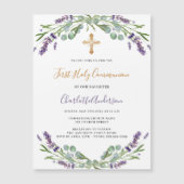 Lavendel violette bloemen luxe eerste communie magnetische uitnodiging (Voorkant)