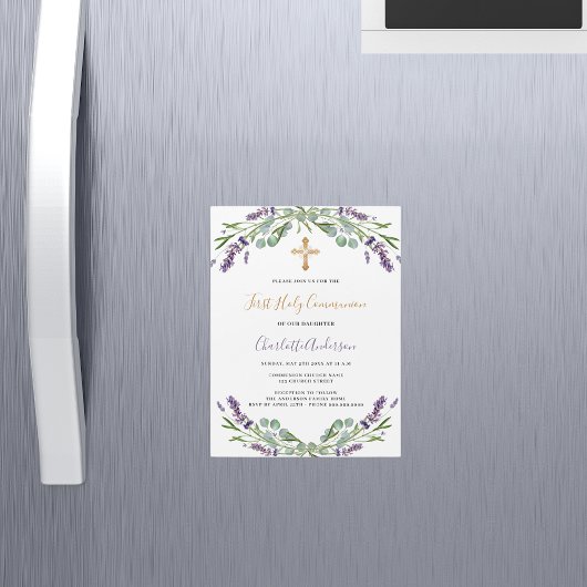 Lavendel violette bloemen luxe eerste communie magnetische uitnodiging