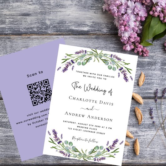 Lavendel violette bloemen QR code RSVP bruiloft Kaart
