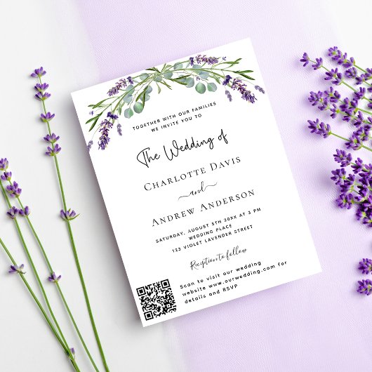 Lavendel violette bloemen QR code RSVP bruiloft Uitnodiging Briefkaart