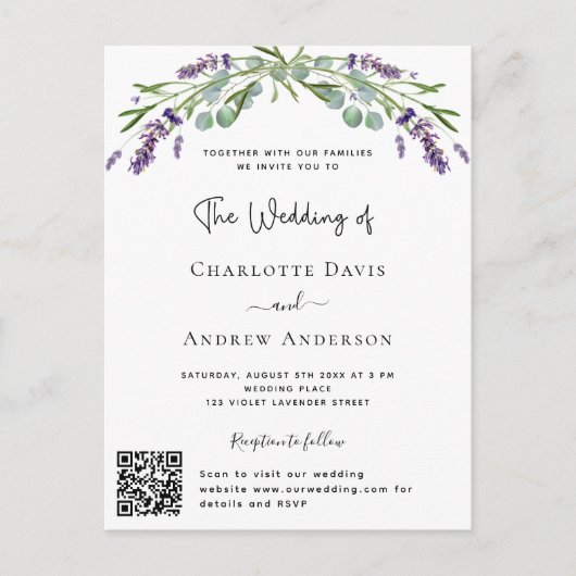 Lavendel violette bloemen QR code RSVP bruiloft Uitnodiging Briefkaart (Voorkant)