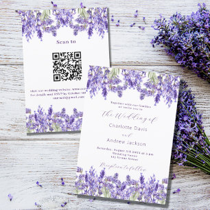 Lavendel violette bloemen QR RSVP details bruiloft Kaart