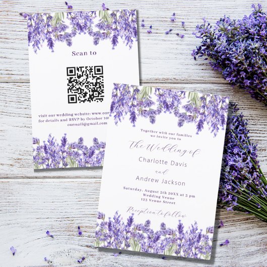 Lavendel violette bloemen QR RSVP details bruiloft Kaart