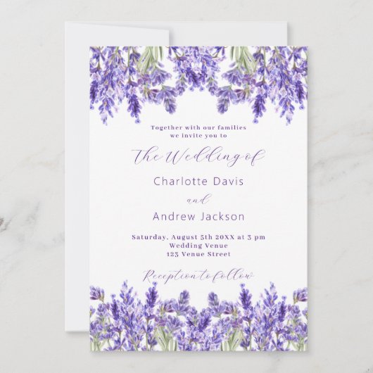 Lavendel violette bloemen QR RSVP details bruiloft Kaart (Voorkant)