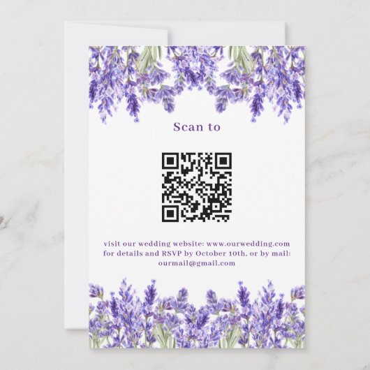 Lavendel violette bloemen QR RSVP details bruiloft Kaart (Achterkant)