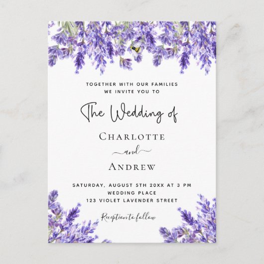 Lavendel violette bloemen QR RSVP details bruiloft Uitnodiging Briefkaart (Voorkant)