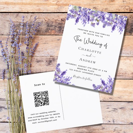 Lavendel violette bloemen QR RSVP details bruiloft Uitnodiging Briefkaart