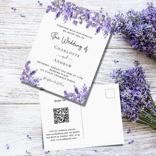 Lavendel violette bloemen QR RSVP details bruiloft Uitnodiging Briefkaart
