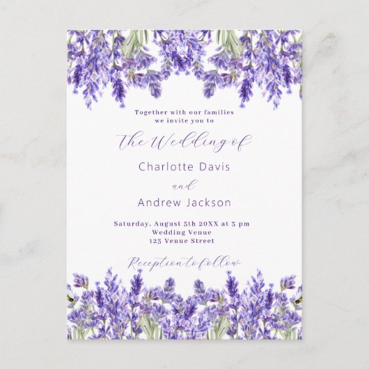 Lavendel violette bloemen QR RSVP details bruiloft Uitnodiging Briefkaart (Voorkant)