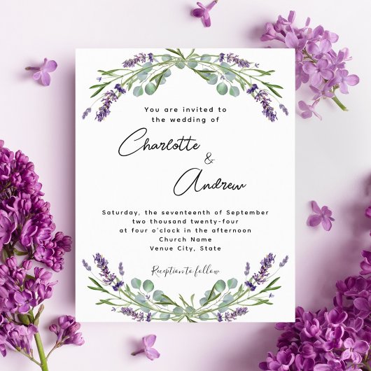 Lavendel violette bloemen script budget bruiloft