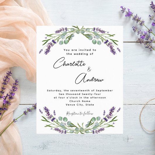 Lavendel violette bloemen script budget bruiloft