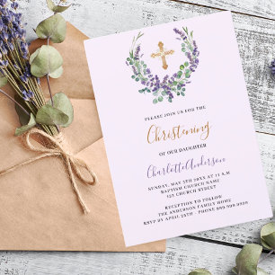 Lavendel violette bloemengar girl gouden doop kaart