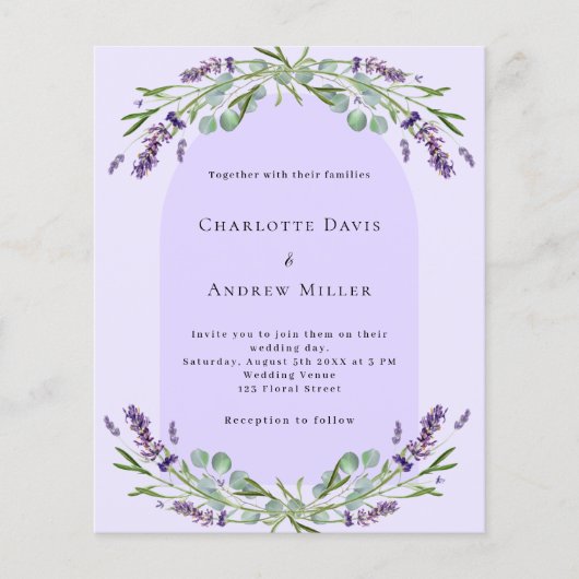 Lavendel violette boog budget bruiloft uitnodiging (Voorkant)
