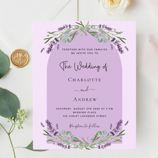 Lavendel violette boog budget bruiloft uitnodiging