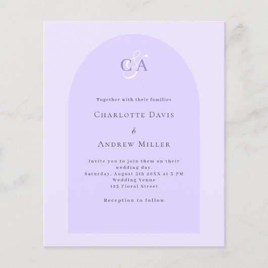 Lavendel violette boog monogram budget bruiloft (Voorkant)