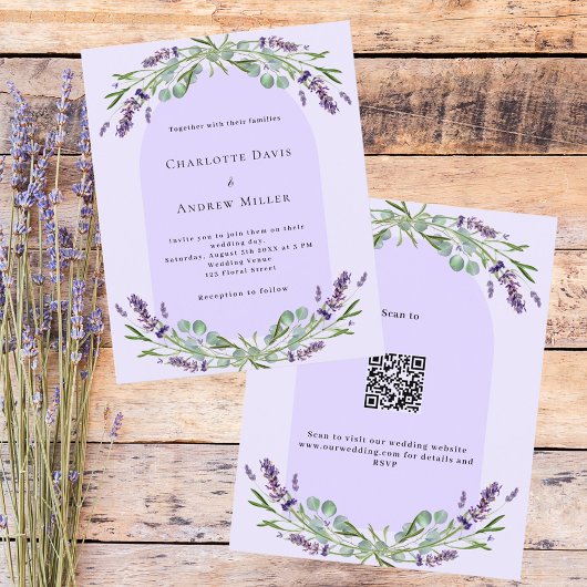 Lavendel violette boog QR budget bruiloft uitnodig