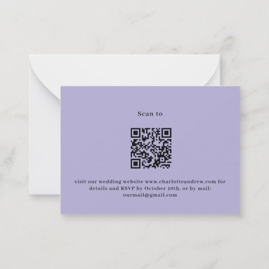 Lavendel violette bruiloft menu QR reactie RSVP (Achterkant)