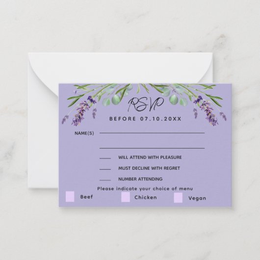 Lavendel violette bruiloft menu QR reactie RSVP (Voorkant)