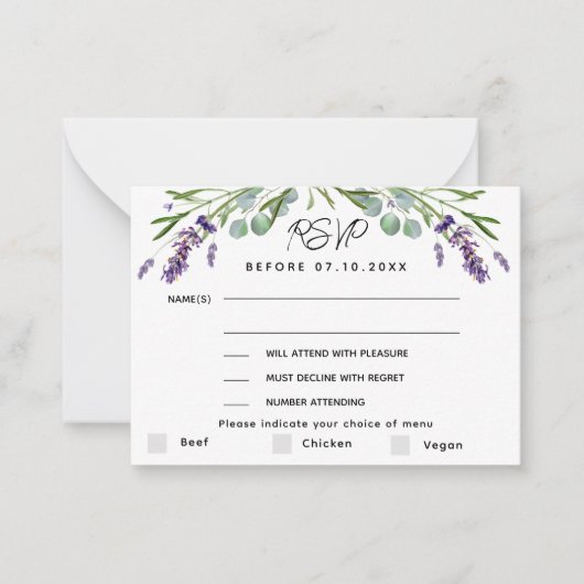 Lavendel violette bruiloft menu QR reactie RSVP (Voorkant)