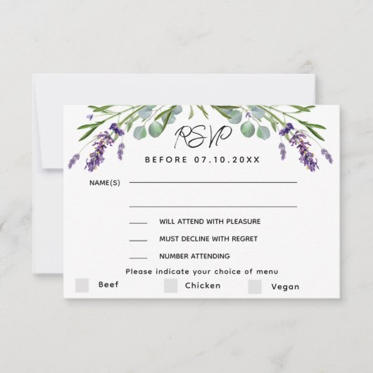 Lavendel violette bruiloft menu reactie RSVP-kaart (Voorkant)
