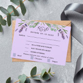 Lavendel violette bruiloft menu reactie RSVP-kaart