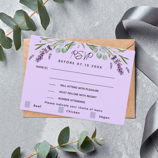 Lavendel violette bruiloft menu reactie RSVP-kaart
