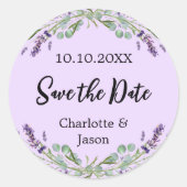 Lavendel violette bruiloft Save the Date Ronde Sticker (Voorkant)